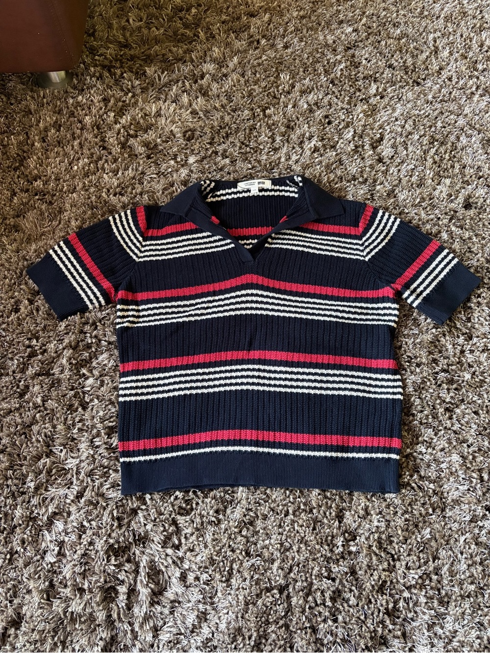 Uniqlo Navy, Red & White Striped Ribbed Polo